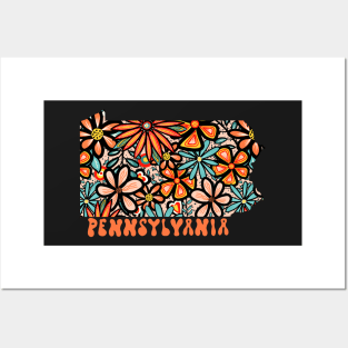 Pennsylvania State Design | Artist Designed Illustration Featuring Pennsylvania State Filled With Retro Flowers with Retro Hand-Lettering Posters and Art